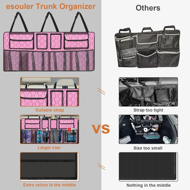 esouler Car Trunk Organizer, Super Capacity Backseat Car Organizer for SUV/Truck/MPV(42"*18"), Hanging Car Storage Organizer with 8 Pocekts, Car Accessories for Women and Men- Pink - Image 2
